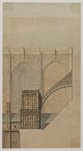 28666 Gezicht op de twee meest noordelijke traveeën van de oostgevel van het zuidertransept van de Domkerk te Utrecht ...